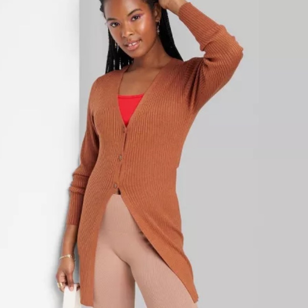 NWT Wild Fable Rust Ribbed Open Front Split Long Line Cardigan Sweater